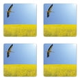 thumbnail image 1 of Yellow and Blue Coaster Set of 4, Alone Stork Flying in Clear Sky over Spring Flowering Field Freedom Picture, Square Hardboard Gloss Coasters, Standard Size, Multicolor, by Ambesonne, 1 of 2