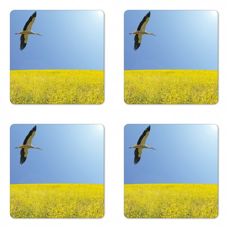 

Yellow and Blue Coaster Set of 4 Alone Stork Flying in Clear Sky over Spring Flowering Field Freedom Picture Square Hardboard Gloss Coasters Standard Size Multicolor by Ambesonne
