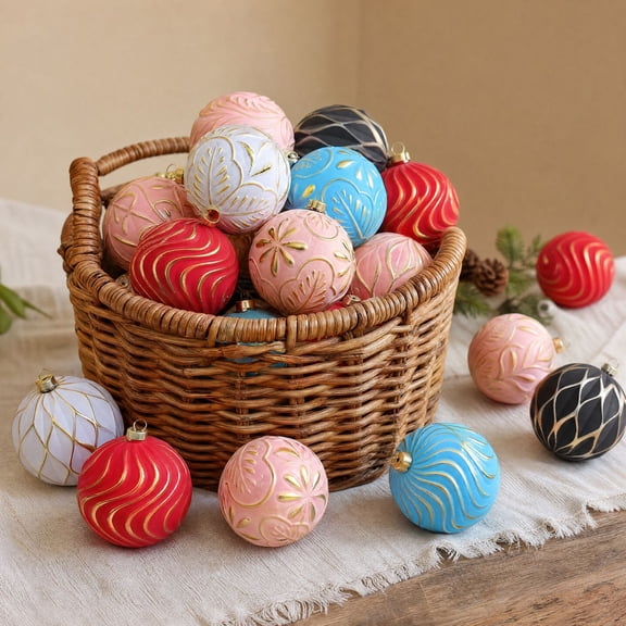 3.15 Inches 6 Pack Flocked Christmas Ball Ornaments, Multi-color Multi-style Xmas Tree Hanging Balls, Lightweight Plastic Baubles for Christmas & Various Party Decorations
