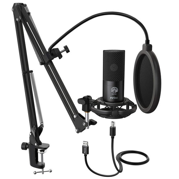 FIFINE Studio Condenser USB Microphone Computer PC Microphone Kit with Adjustable Boom Arm Stand Shock Mount for Instruments Voice Overs Re