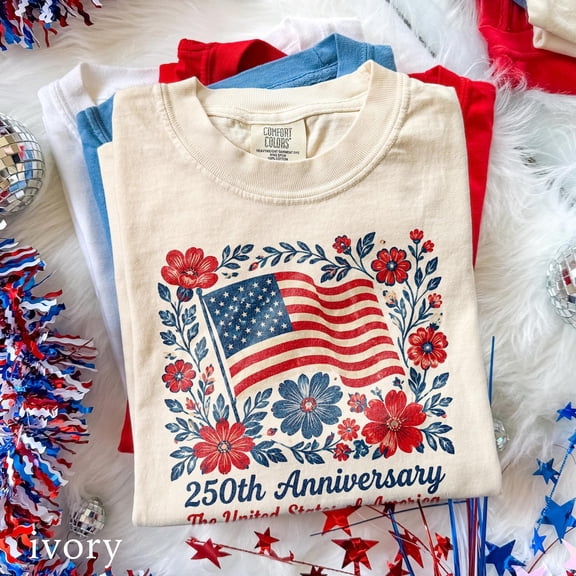 VibeNest Studio Unisex 250th Anniversary United States of America Floral Flag Patriotic Garment Dyed Graphic T-Shirt