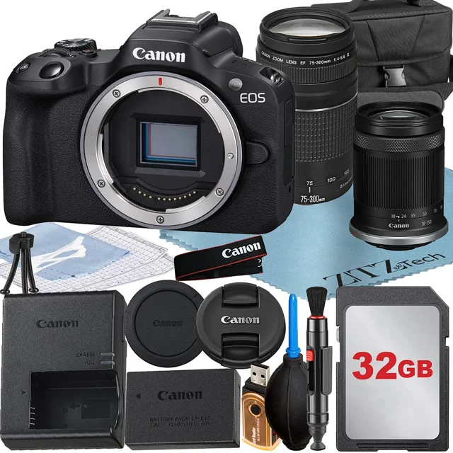 Canon EOS R50 Mirrorless Camera with RF-S 18-150mm + EF 75-300mm Lens + 32GB Memory Card + Case + ZeeTech Accessory Bundle