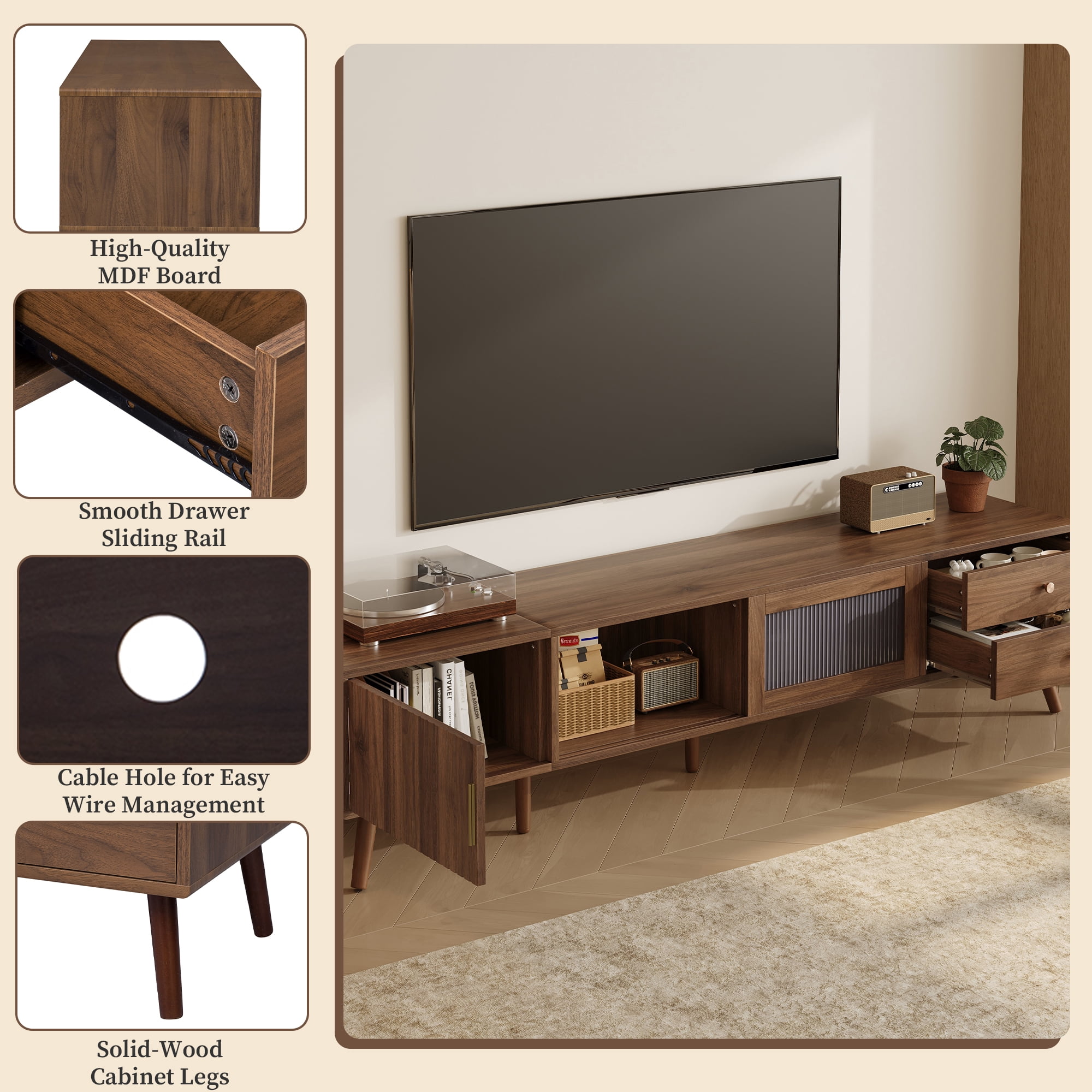 76 Inch Modern Minimal TV Stand for 85 Inch TV, Entertainment Center with Glass Doors and Storage Cabinets, TV Media Console Table for Living Room, Natural Wood