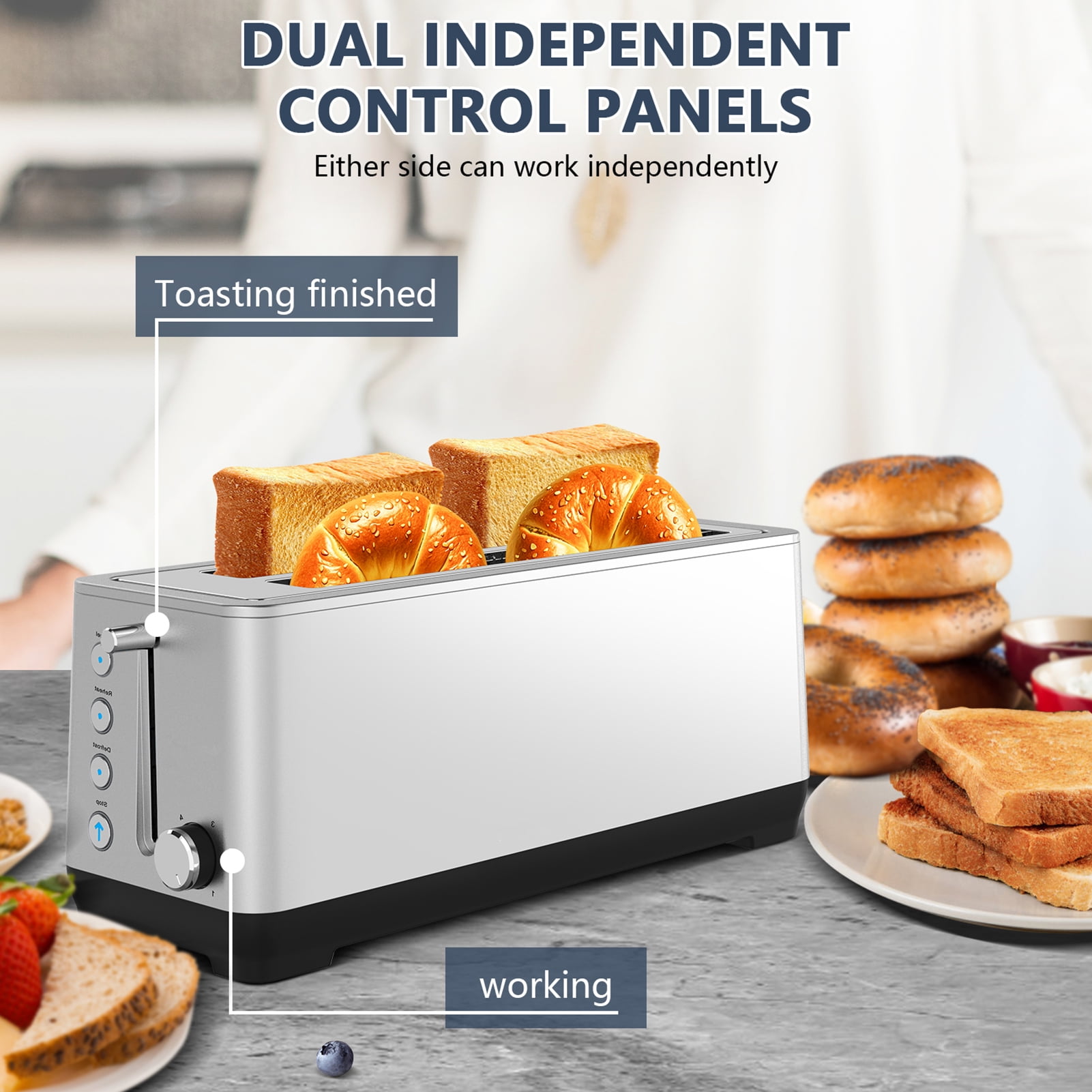 2-slot stainless steel toaster, 1.5-inch wide slot + dual independent control, 6-speed baking color adjustment, support bread/bagel size 37×15×19cm