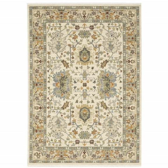 HomeRoots 10' X 13' Ivory Oriental Power Loom Stain Resistant Area Rug With Fringe