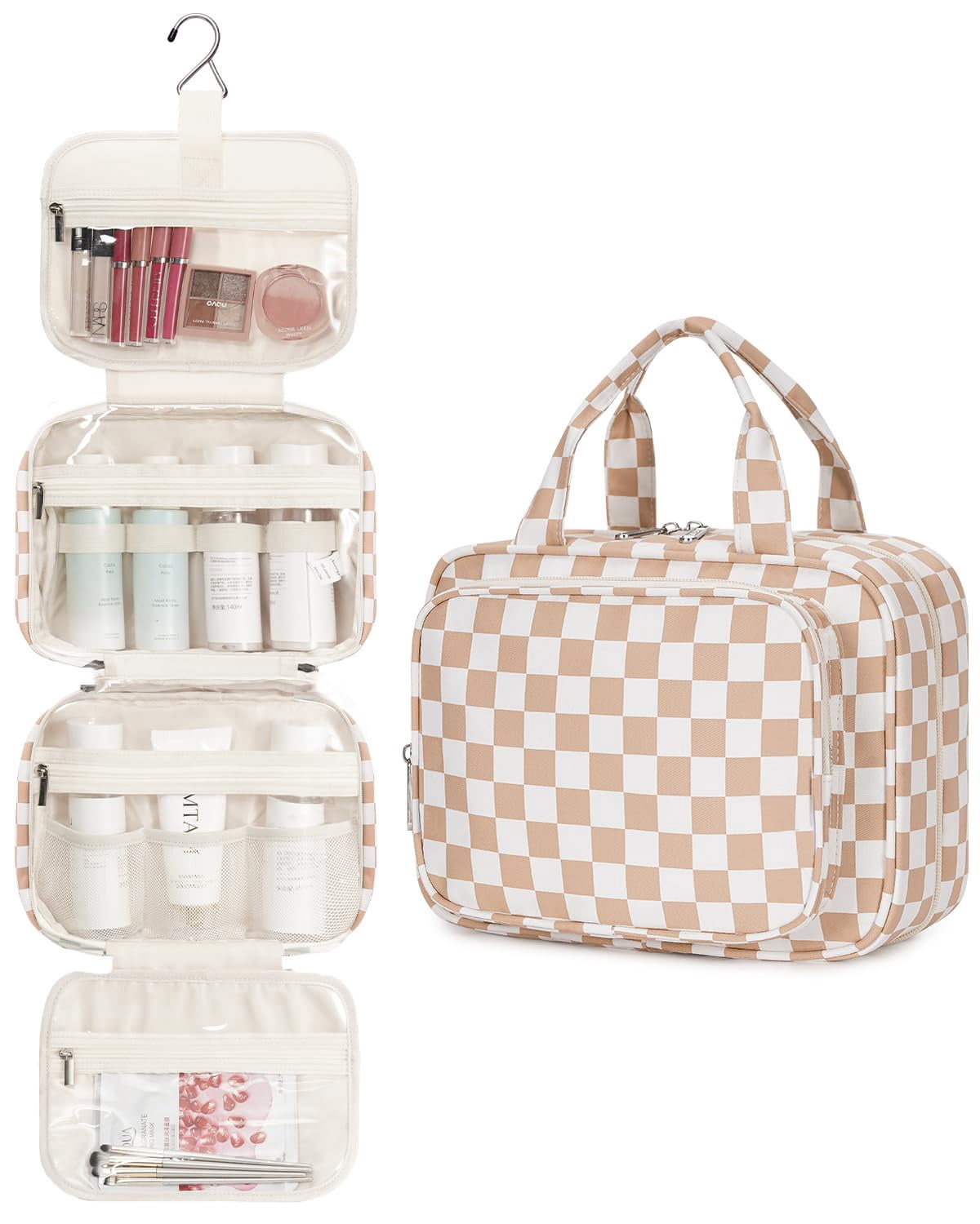 Checkerboard Hanging Travel Toiletry Bag with Hook, Makeup Bags for Women Cosmetic Organizer Toiletries for Brush Shampoo Travel Essentials, Brown