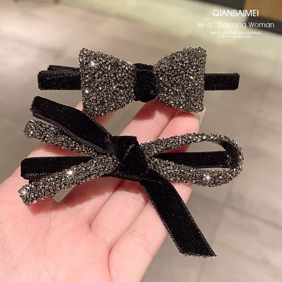 Autumn and winter new crystal black bow hair clip bangs clip full crystal high-end sense back of the head retro broken hair clip
