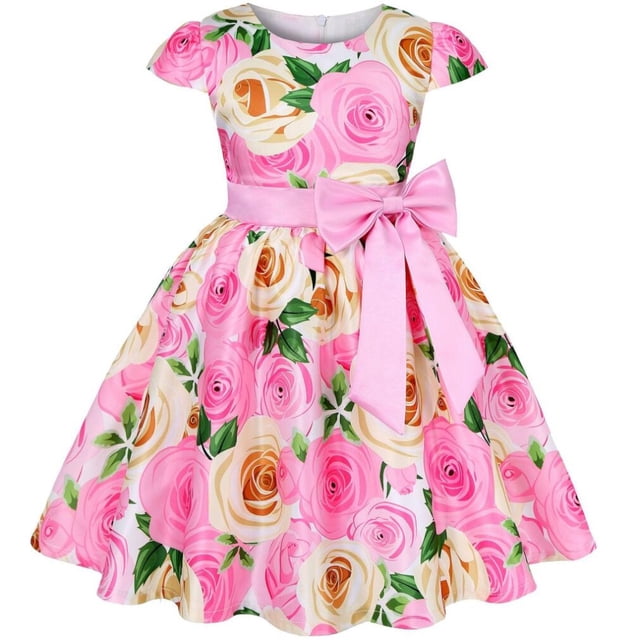 Vestido de verano con estampado de rosas para niñas, vestidos de princesa para bodas, fiestas de cumpleaños, vestidos de satén para niñas, ropa de Navidad