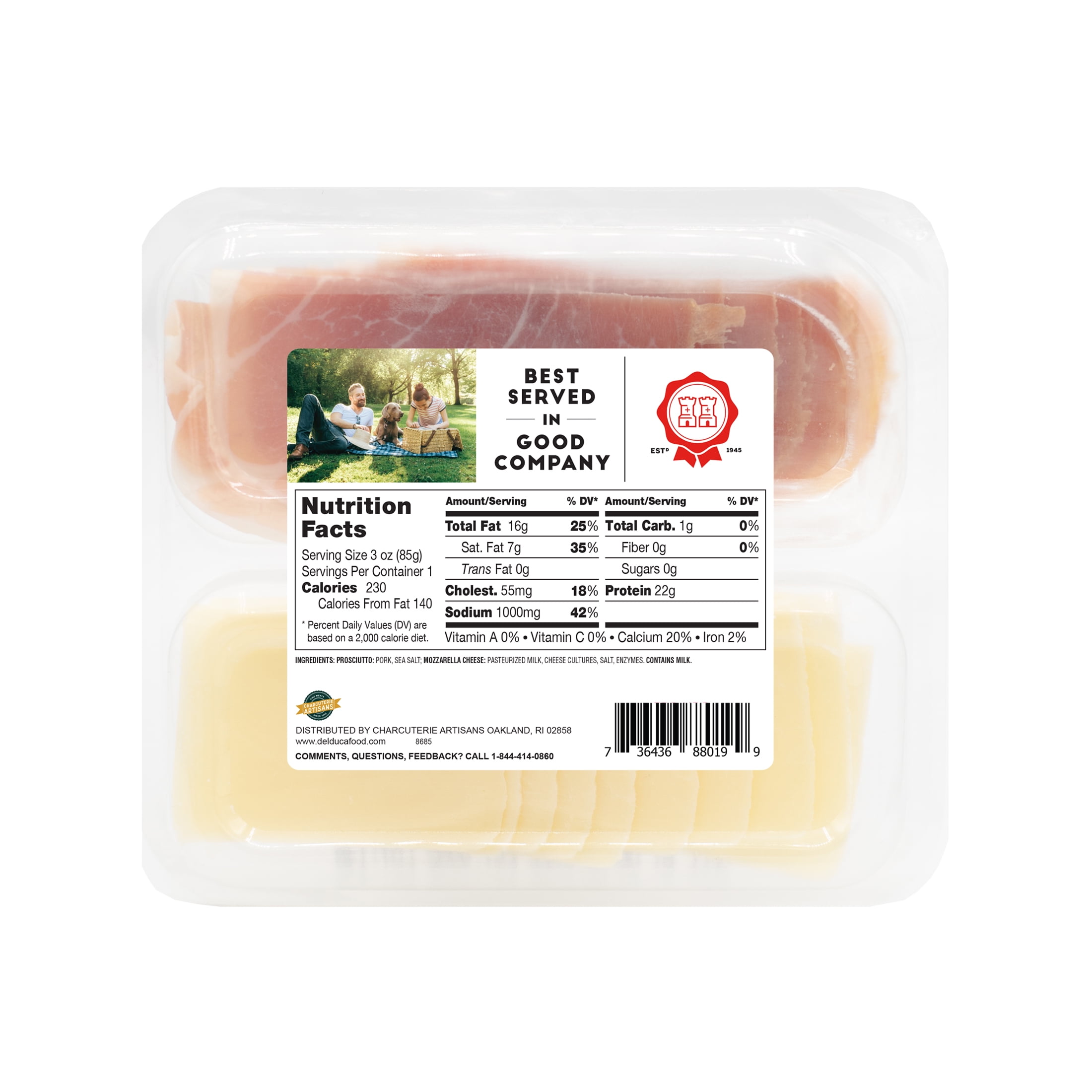 Del Duca Charcuterie Snack Pack: Dry Cured Prosciutto and Mozzarella Cheese Tray, Single Serve, 3 oz