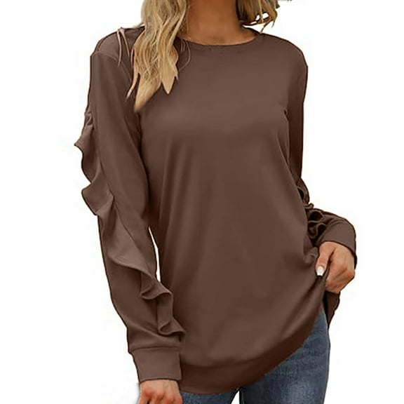 Hfyihgf Womens Crewneck Sweatshirts Long Sleeve Casual Tops with Ruffle Sleeve Fall Winter Clothes Soft Trendy Pullover Shirts(Coffee,L)