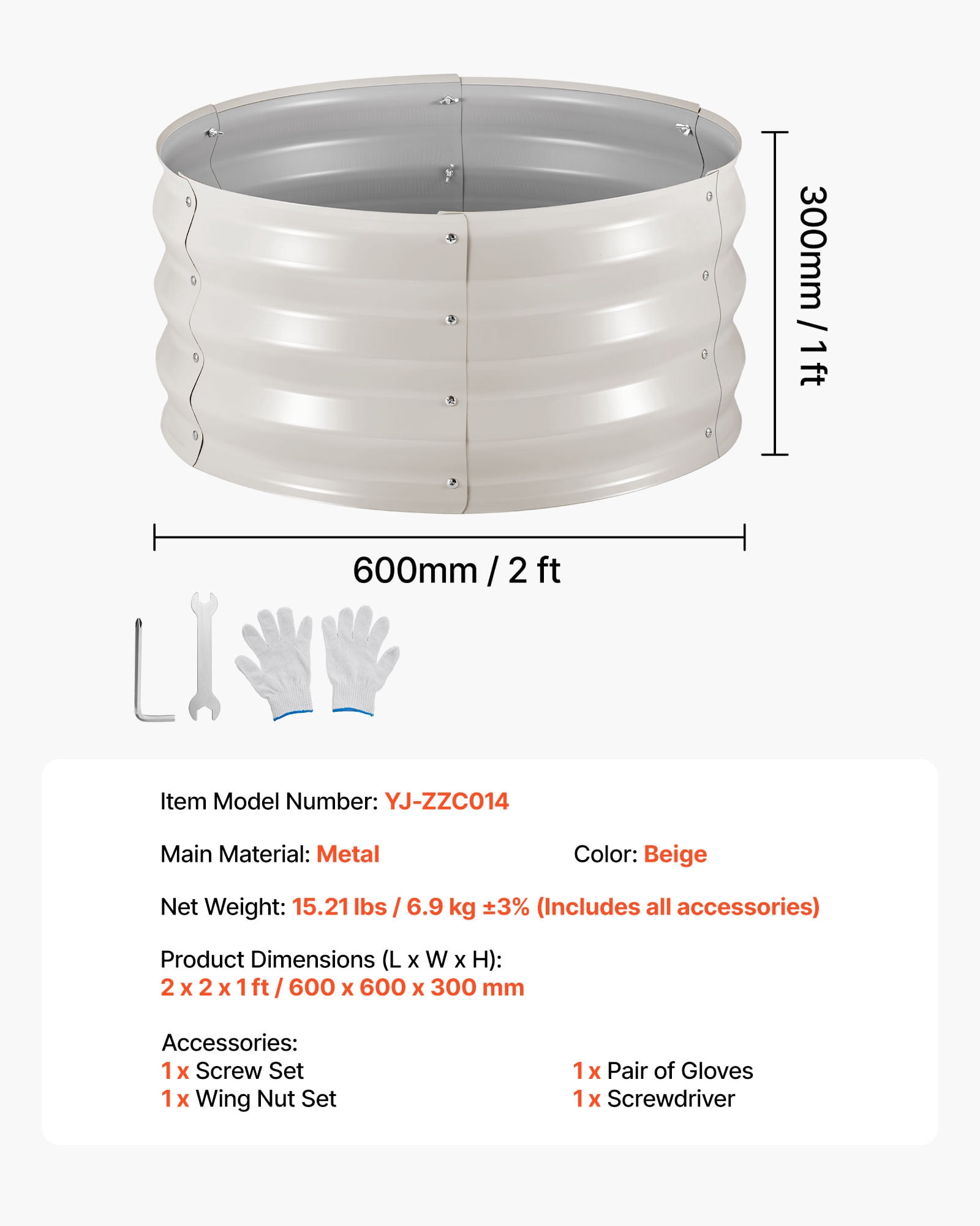 VEVOR 3 Pcs Galvanized Raised Garden Beds, 2 x 2 x 1 ft, Round Metal Planter Boxes Kit Outdoor, Bottomless Elevated Garden Boxes with Gloves, Alu-Zinc, for Planting Flowers Vegetables Herbs, Beige