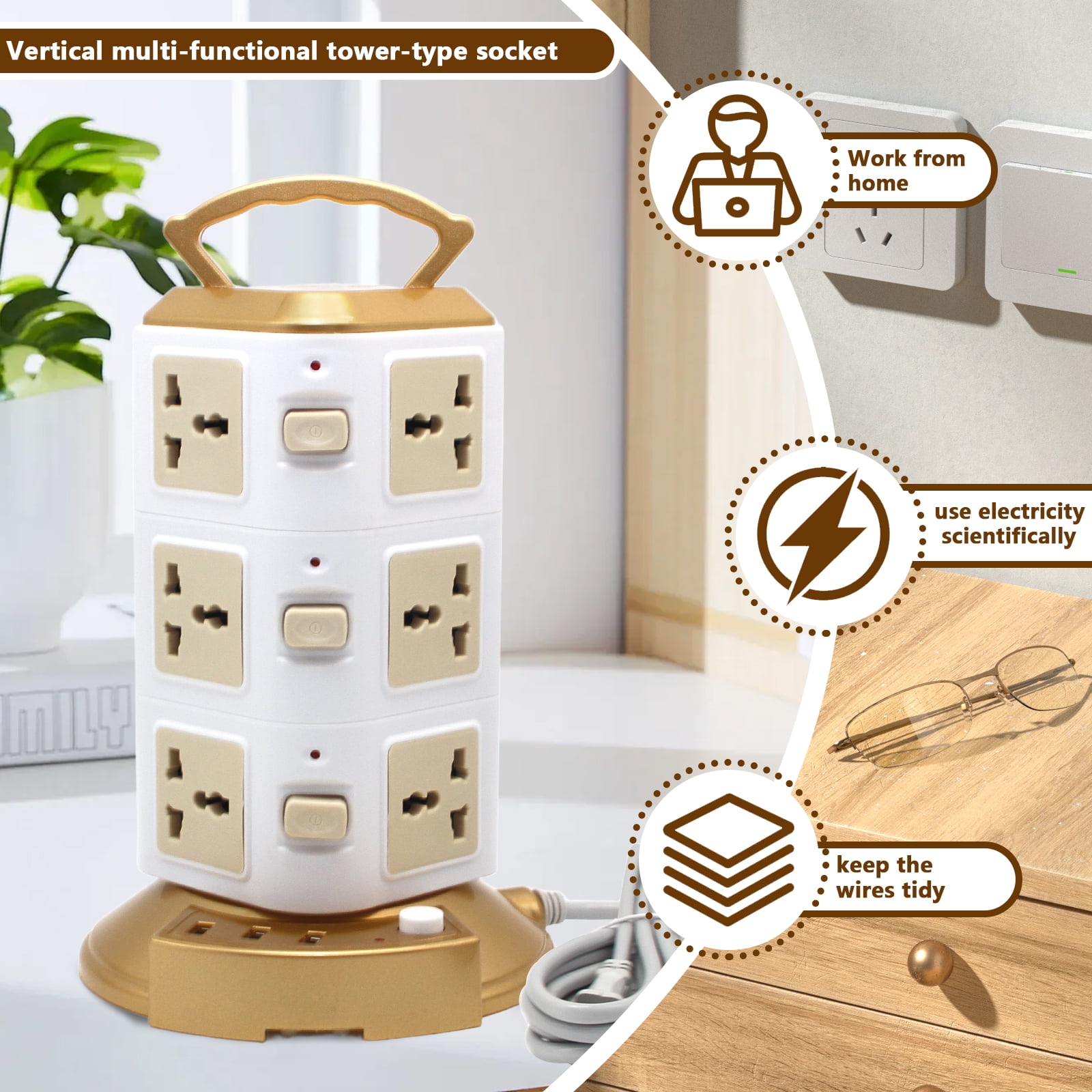 Arcticwind Surge Protector Power Strip Tower w/12/16 Outlets, 3 USB Ports, 2500W Max, Portable Modular Power Tower, Built-in Overload & Lightning Protection, w/9.85ft Cable