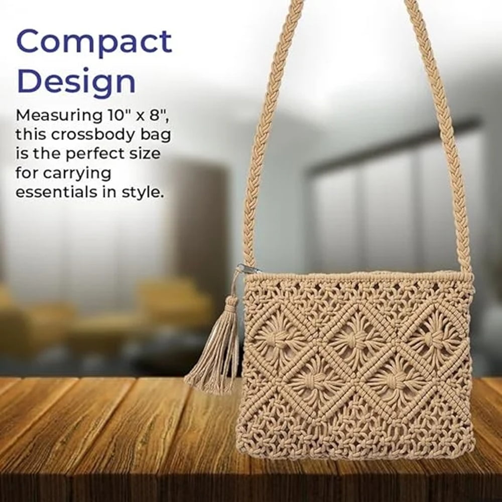 Woven Crossbody Bag for Women, Cotton Macramé Purse with Tassels, Boho Crochet Beach Summer Handbag for Vacations, 10” x 8”