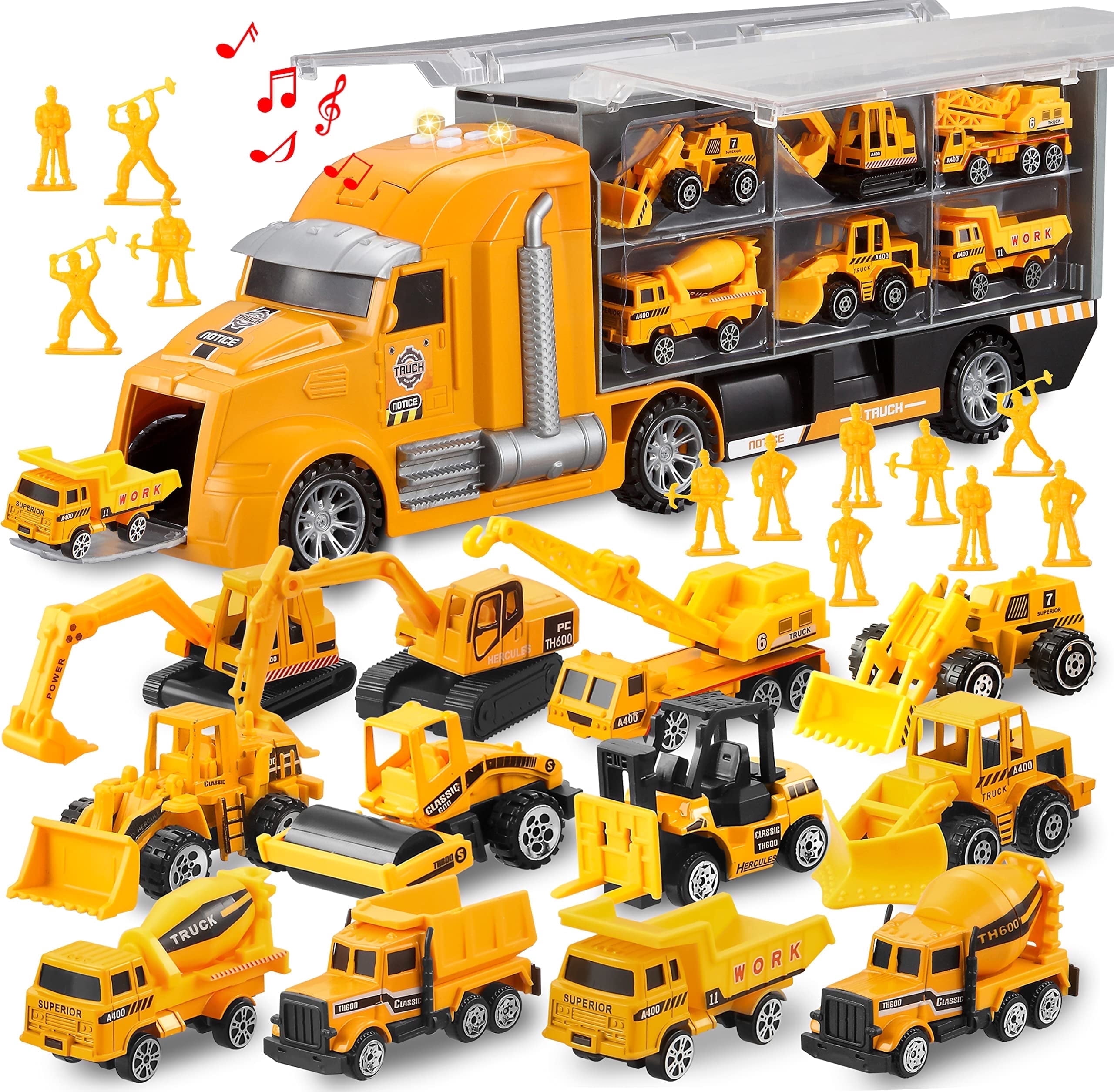 Joyfy 25 in 1 Die-cast Construction Big Truck Toys,Car Transporter Storage Truck with Sounds and Lights, Great Christmas Birthday Gifts for Toddlers Kids Boys & Girls