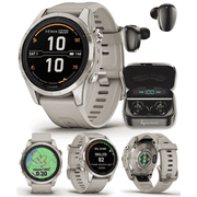 Garmin fenix 7S Pro Solar Sapphire 42 mm Multisport GPS Smartwatch, Soft Gold Steel, Light Sand with Wearable4U Black EarBuds Bundle
