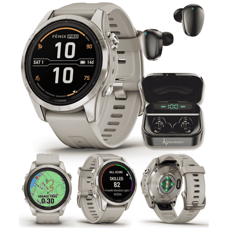 Garmin fenix 7S Pro Solar Sapphire 42 mm Multisport GPS Smartwatch, Soft Gold Steel, Light Sand with Wearable4U Black EarBuds Bundle