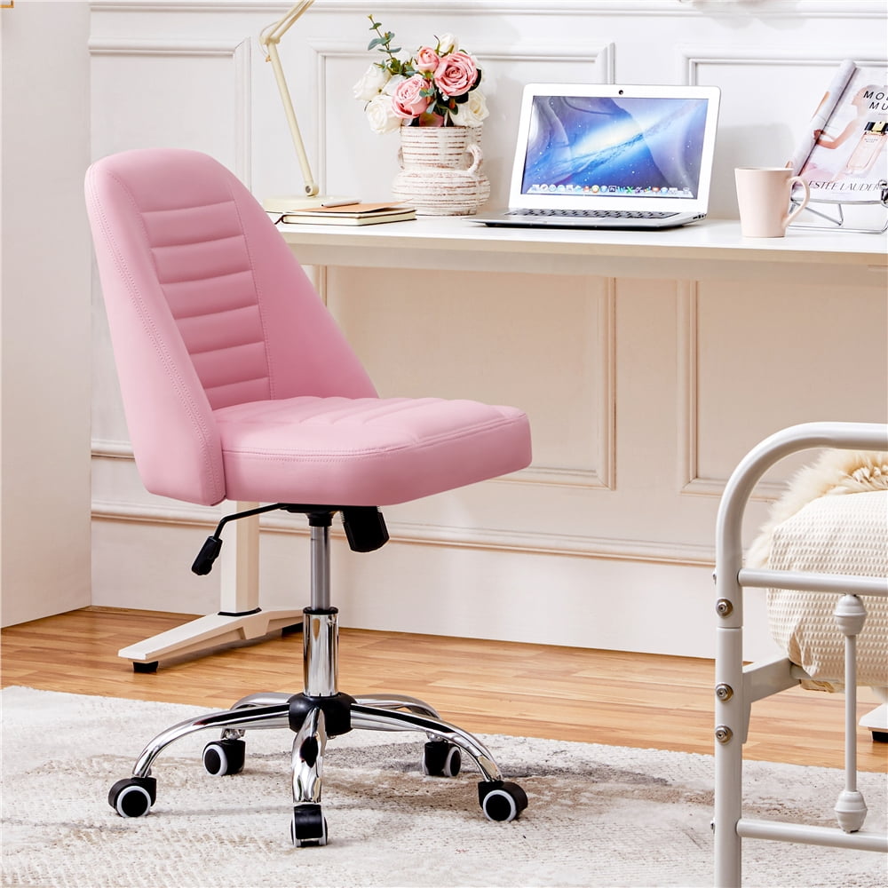 Yaheetech Faux Leather Mid Back Desk Chair with Wheels for Home Office, Pink