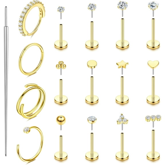 14K Gold Nose Rings Studs Hoops Women Men 20G 18G hypoallergenic Surgical Steel Threadless Earrings Helix Tragus Lip Cartilage Piercing Jewelry Top Filled for skin-friendly Push in Flat Back[d697]