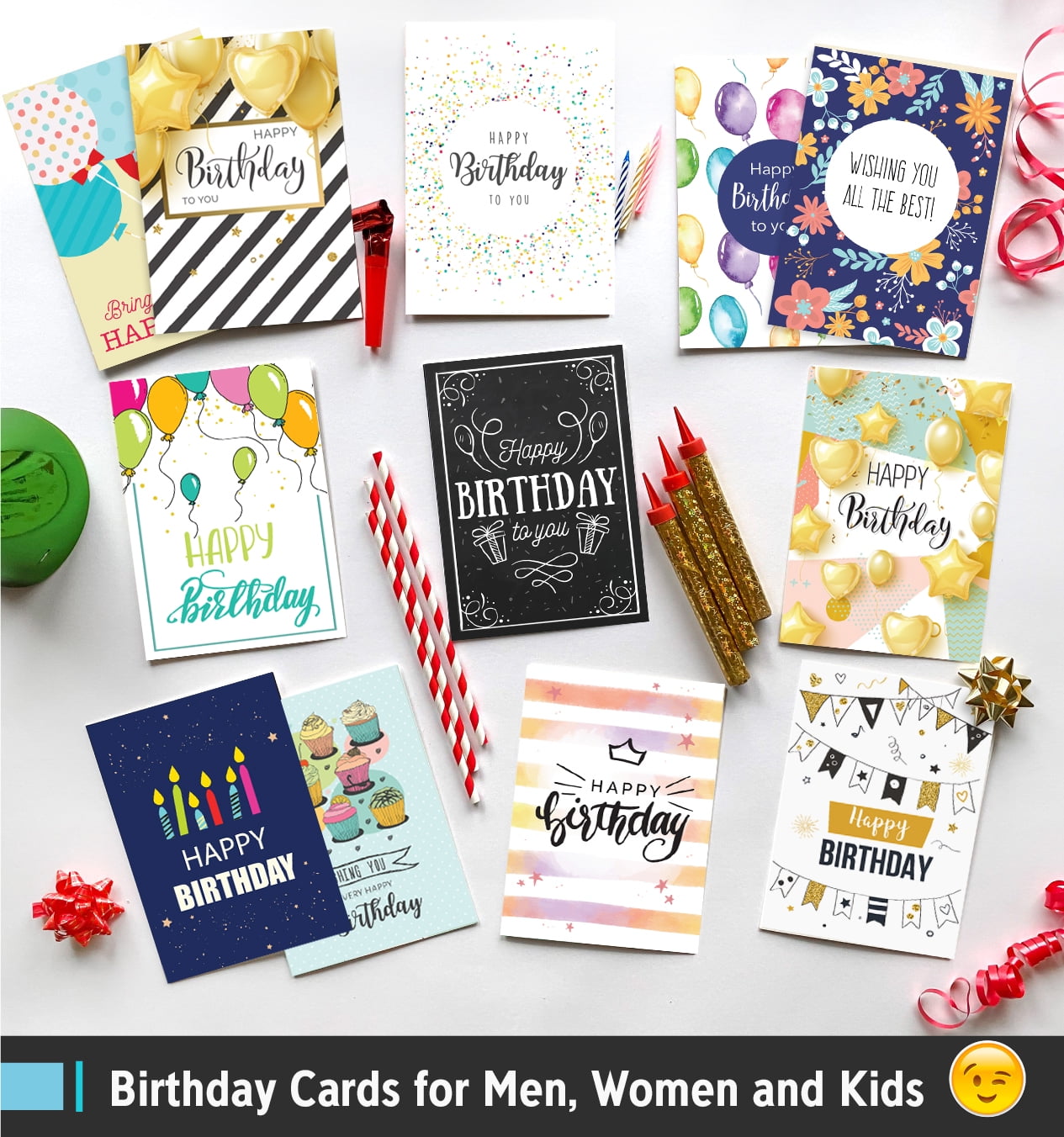 60 Happy Birthday Cards 5x7 Bulk, Unique Designs with Envelopes