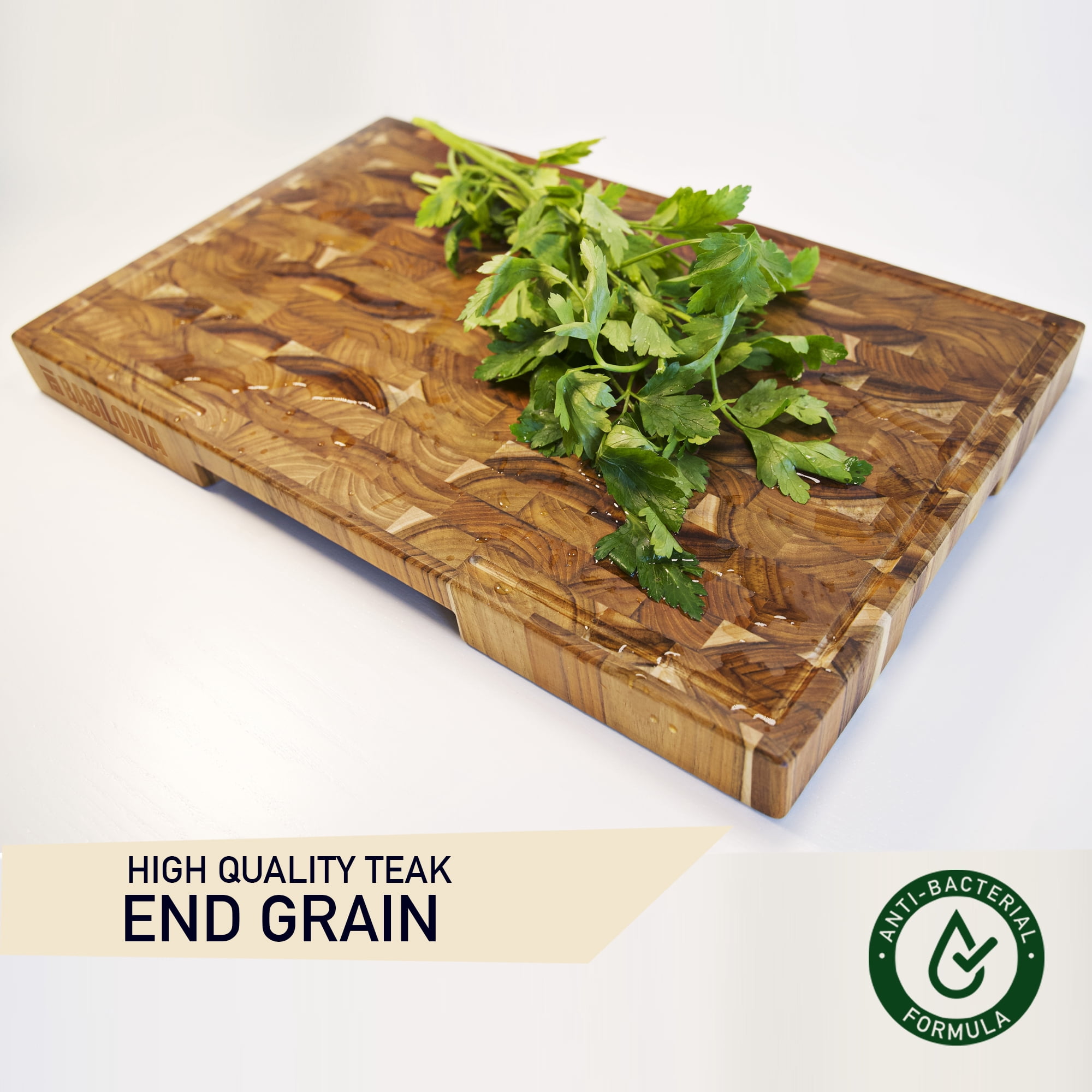 Babilonia Teak Cutting Board, 15.7 x 10.2 x 1.7 inch End Grain Wood Chopping Board with Juice Groove and Handle (Oil & Plate Included)