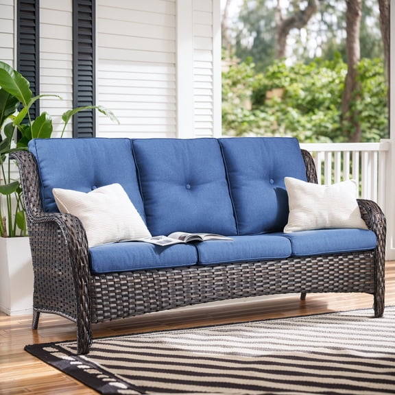 Giantfurnni Wicker Patio Sofa, Outdoor 3-Seat Sofa with Cushions for Porch Balcony Patio