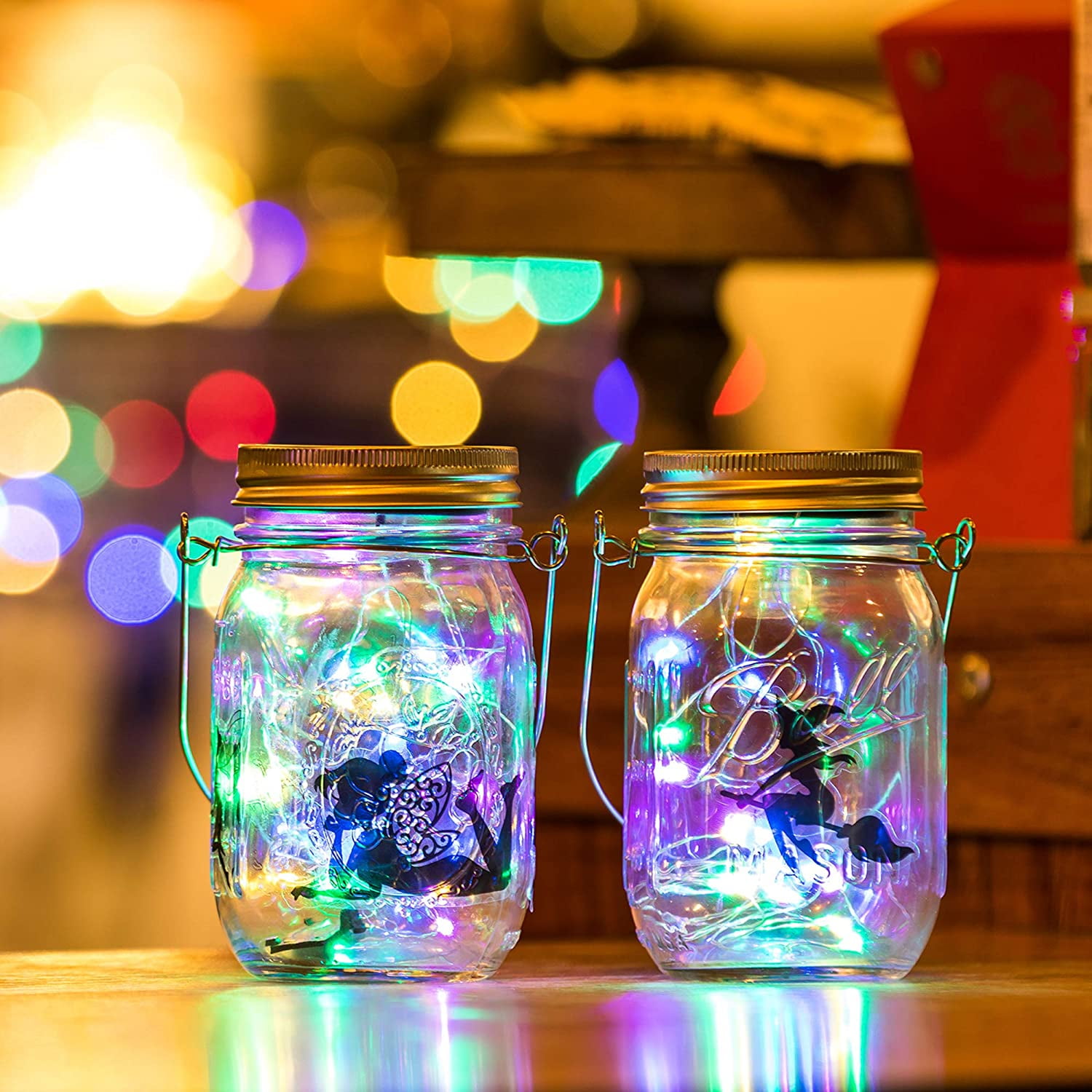 Hinzonek Hanging Solar Mason Jar Lights, 6 Pack 20 Led String Hanging Mason Jar Lanterns for Outdoor Decor Lamps for Outside Patio Garden Yard Fence Wedding Table, Multicolor (No Jars)