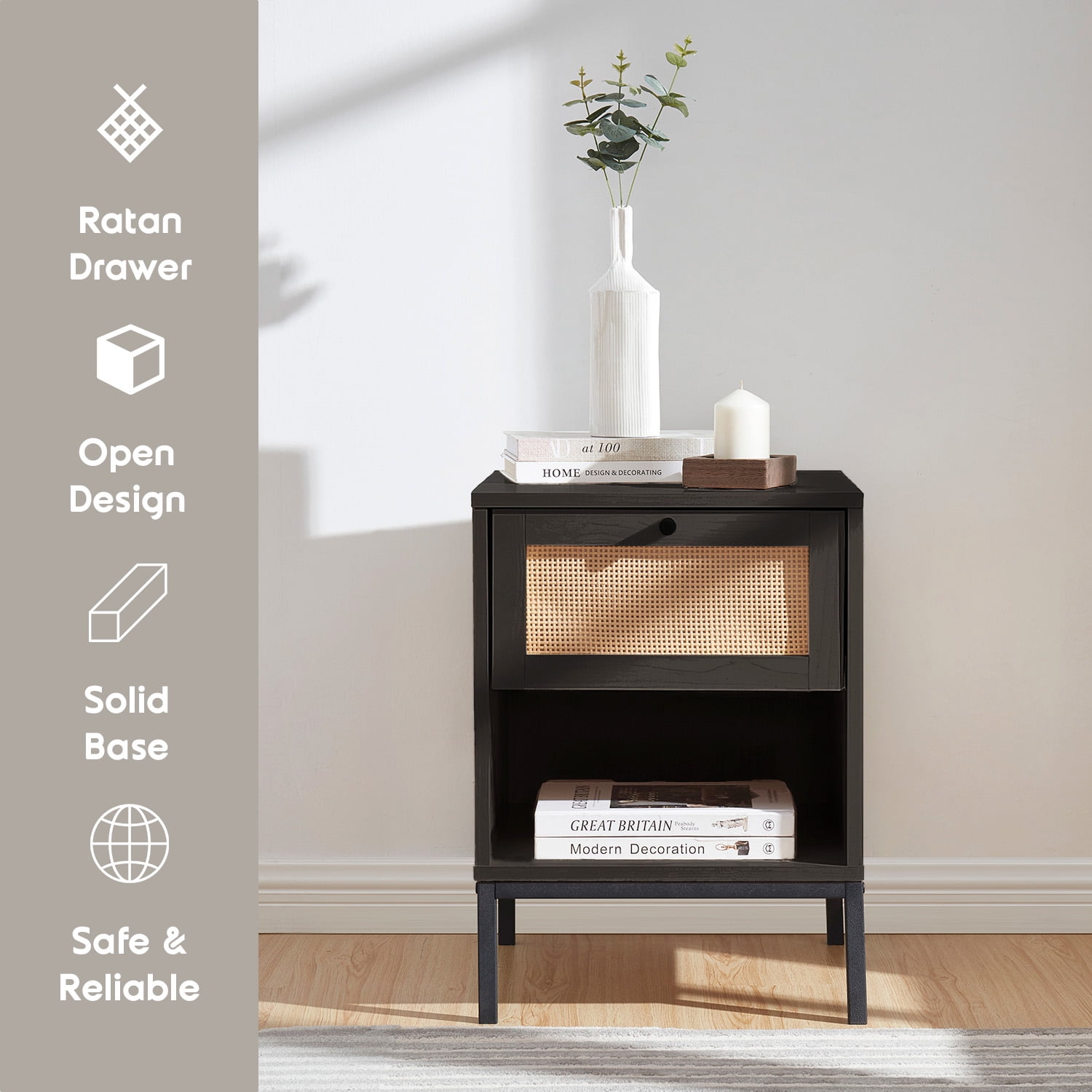 Virtu Nightstand Set of 2, Side Table with 1 Drawer, End Table for Living Room or Bedroom, Black