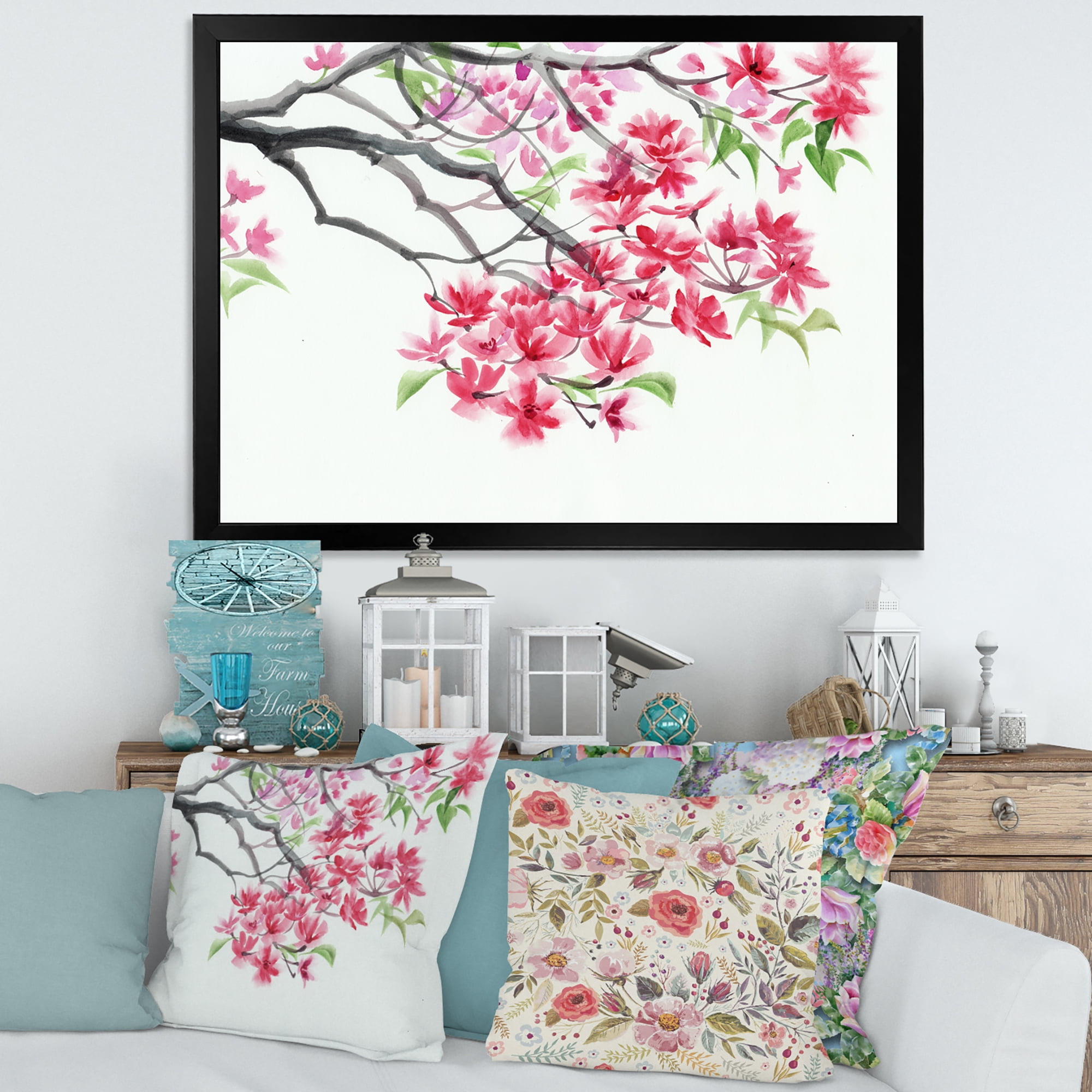 Designart 'Red Blossoming Tree On White' Traditional Framed Art Print