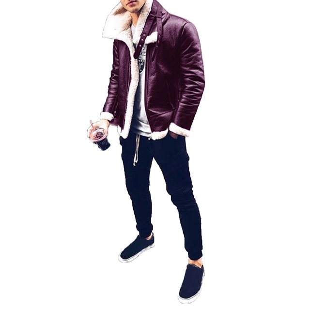 chaqueta de cuero para hombre, abrigo cálido con forro de terciopelo para invierno, prendas de vestir con cremallera para hombre, parte superior Vista 3/4 frontal de chaqueta de cuero sintético violeta con forro de terciopelo blanco visible en cuello vuelto, puños y borde inferior, cremallera frontal y solapa con botones, bolsillos laterales y corte hasta la cadera; modelo con atuendo casual sobre fondo blanco; suele usarse también como capa exterior para salidas urbanas.
