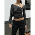 thumbnail image 2 of Liacowi Women Crop Basic Tops Solid Color Asymmetrical Ruched Long Sleeve Shirt Casual Pullovers for Club Streetwear, 2 of 6