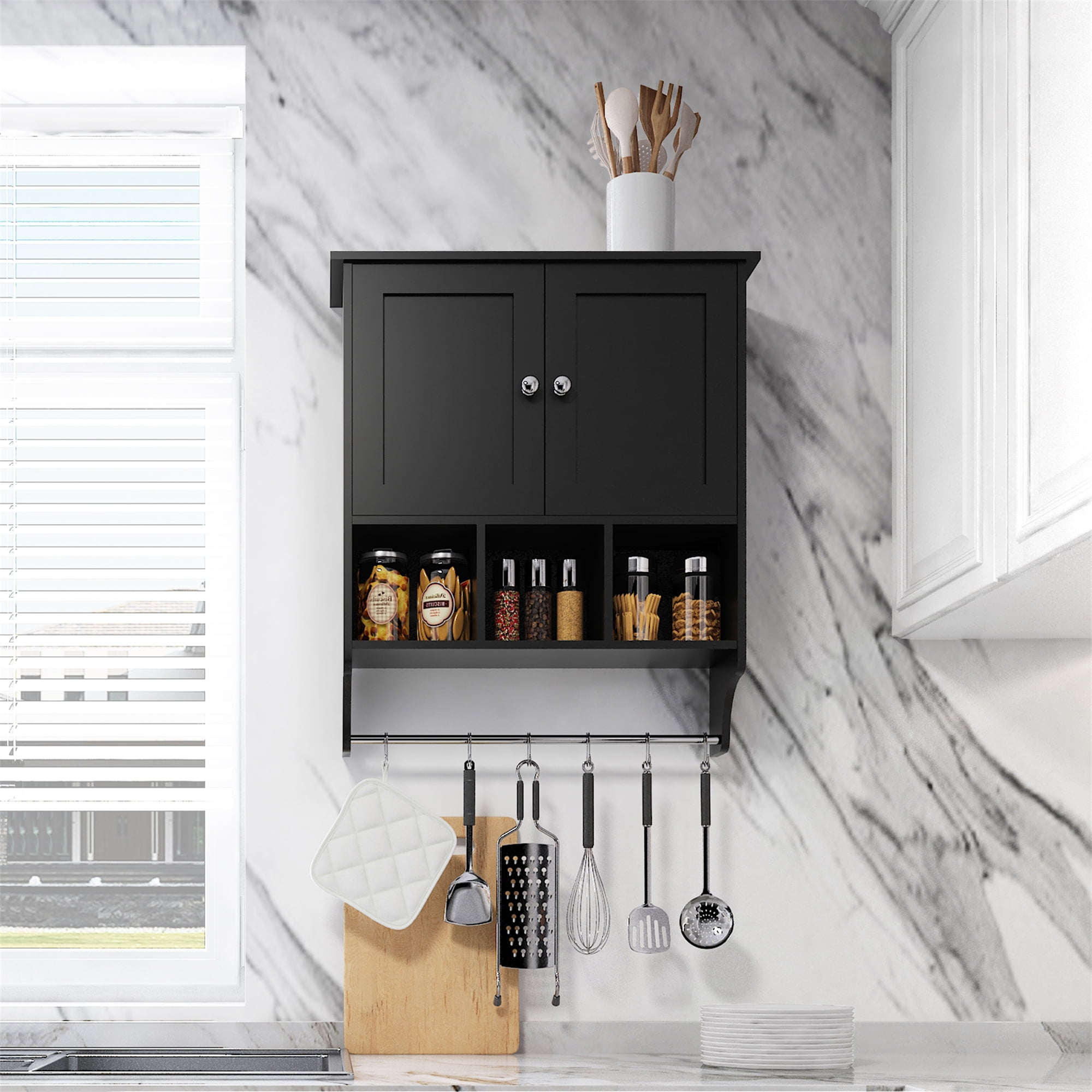Vastcury 27.5" Bathroom Wall Cabinet, Over the Toilet Storage Medicine Cabinet with 2 Door Cupboard, Adjustable Shelf and Towels Bar, Black