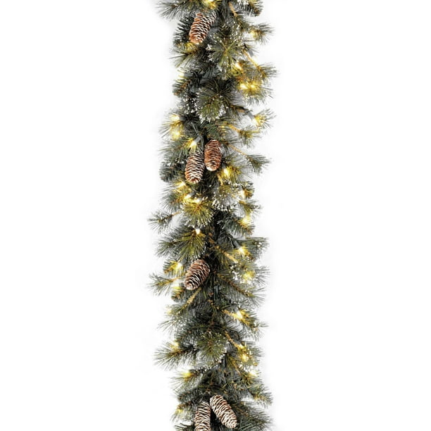 Guirlande de Pin Scintillant de 9' x 10" avec des Cônes, des Flocons de Neige et 100 Lumières Claires