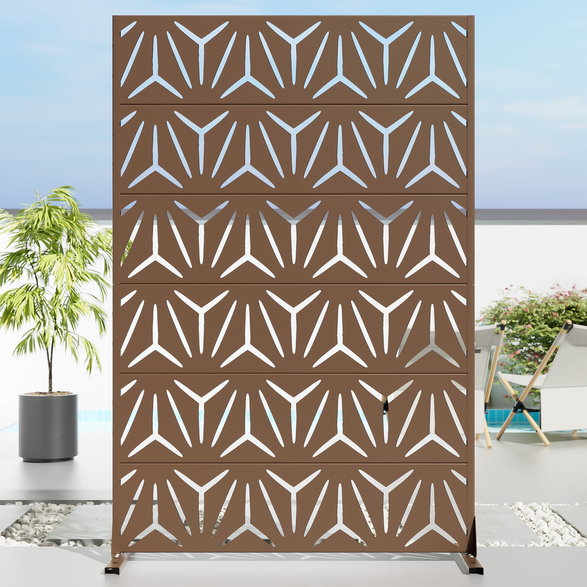 MAYEERTY 72 × 47in Outdoor Privacy Screen with Stand Metal Garden Decorative Screen, Brown