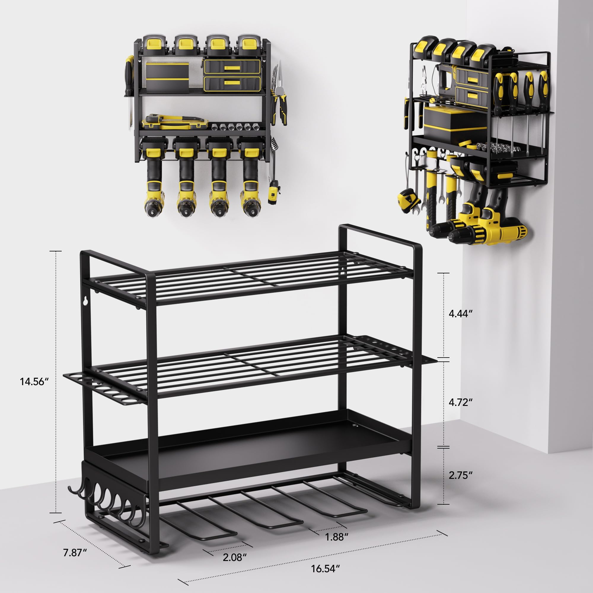 Heavy Duty Power Tool Organizer 400LB Capacity - Metal 4-Tier Wall Mount Garage Tool Storage with Drill Holder, Screwdriver & Pliers Rack, Black
