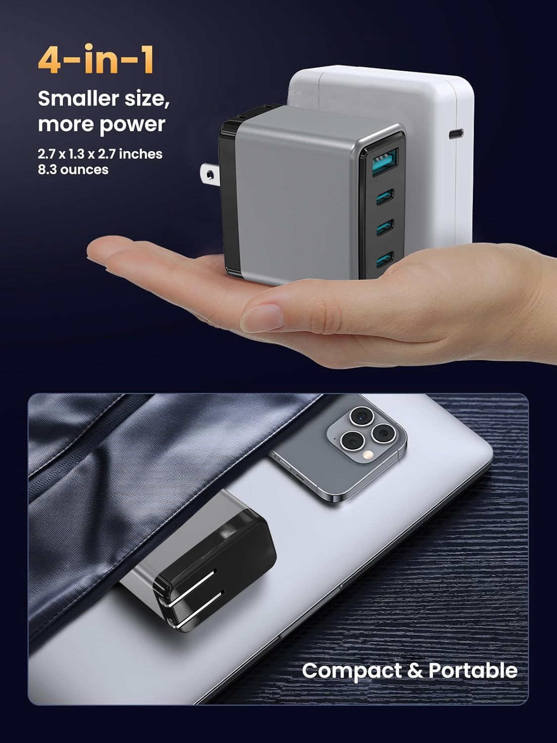 USB C Charger Black 100W, 4 Ports GaN Charger Fast Charging Station Foldable Compact Wall Charging Power Adapter for MacBook Pro/Air, Dell XPS, iPad Pro, iPhone 16/15/14/13/12, Galaxy S24, and More