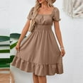 thumbnail image 4 of THDHVS Women's Casual Dresses,Summer Dresses for Women 2025,Summer Casual Short Sleeve Square Neck Smocked Elastic Waist Midi Dress Khaki S, 4 of 5