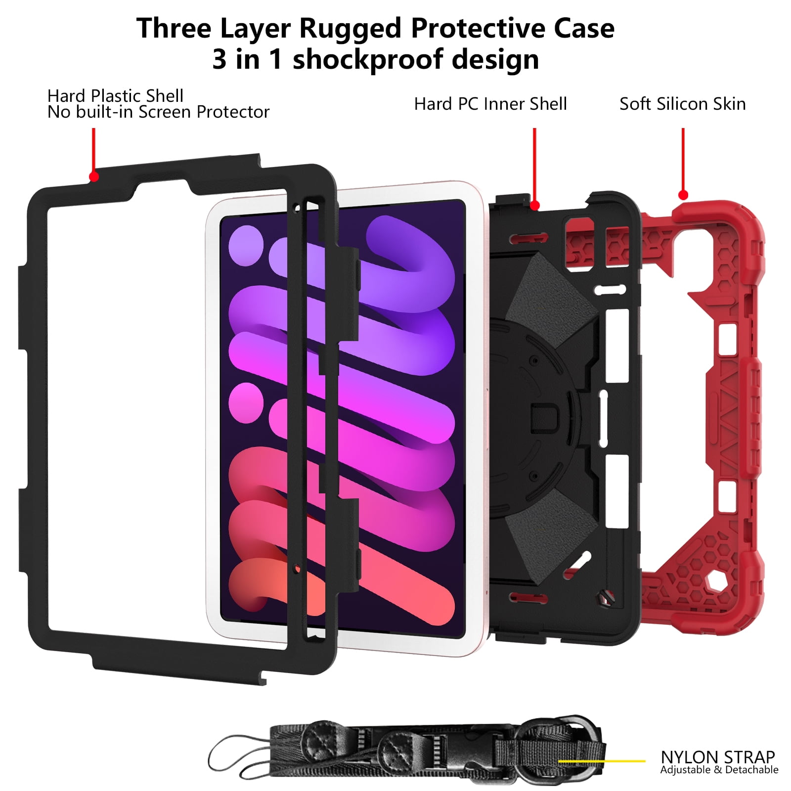 Case for iPad Mini 6 2021 8.3-inch, Kids Shockproof Rugged Hybrid 360 Rotating Stand Cover with Hand Shoulder Strap/Pencil Holder