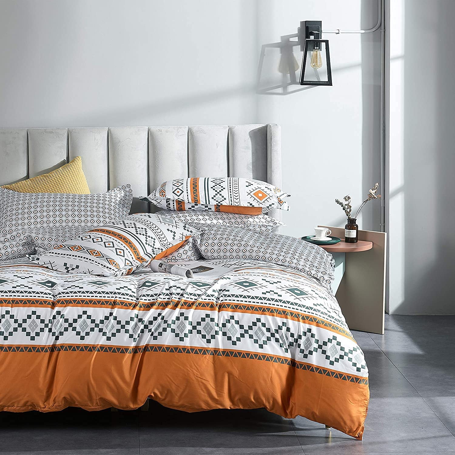 Bohemian Duvet Cover Set Queen Boho Orange and White Geometric Comforter Cover Set Full 90"x90" Soft Breathable Durable Geometrical with Zipper Closure and Corner Ties 3 Pieces Bedding Set