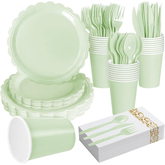 Sage Green Party Supplies (Serves 25) - 175 Pcs Disposable Dinnerware Set with Paper Plates, Cups, Napkins & Cutlery, Light Green Coated Plates for Graden Party, Wedding, Birthday