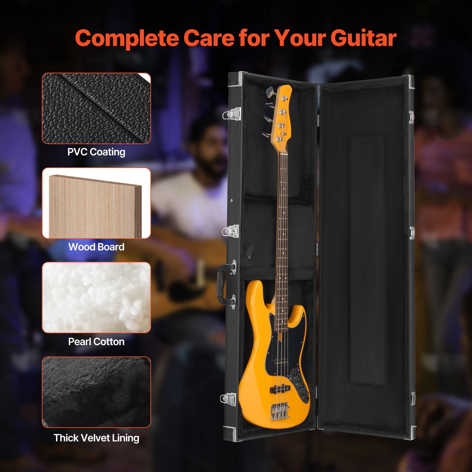Bass Guitar Hard Case, 48.03 in Rectangular Guitar Hard Case, With Lock Latch Keys Handle, PVC Padding Soft Lining Water-Resistant Hard Shell Guitar Cases, for 39-46.5 in Bass Guitars, Black