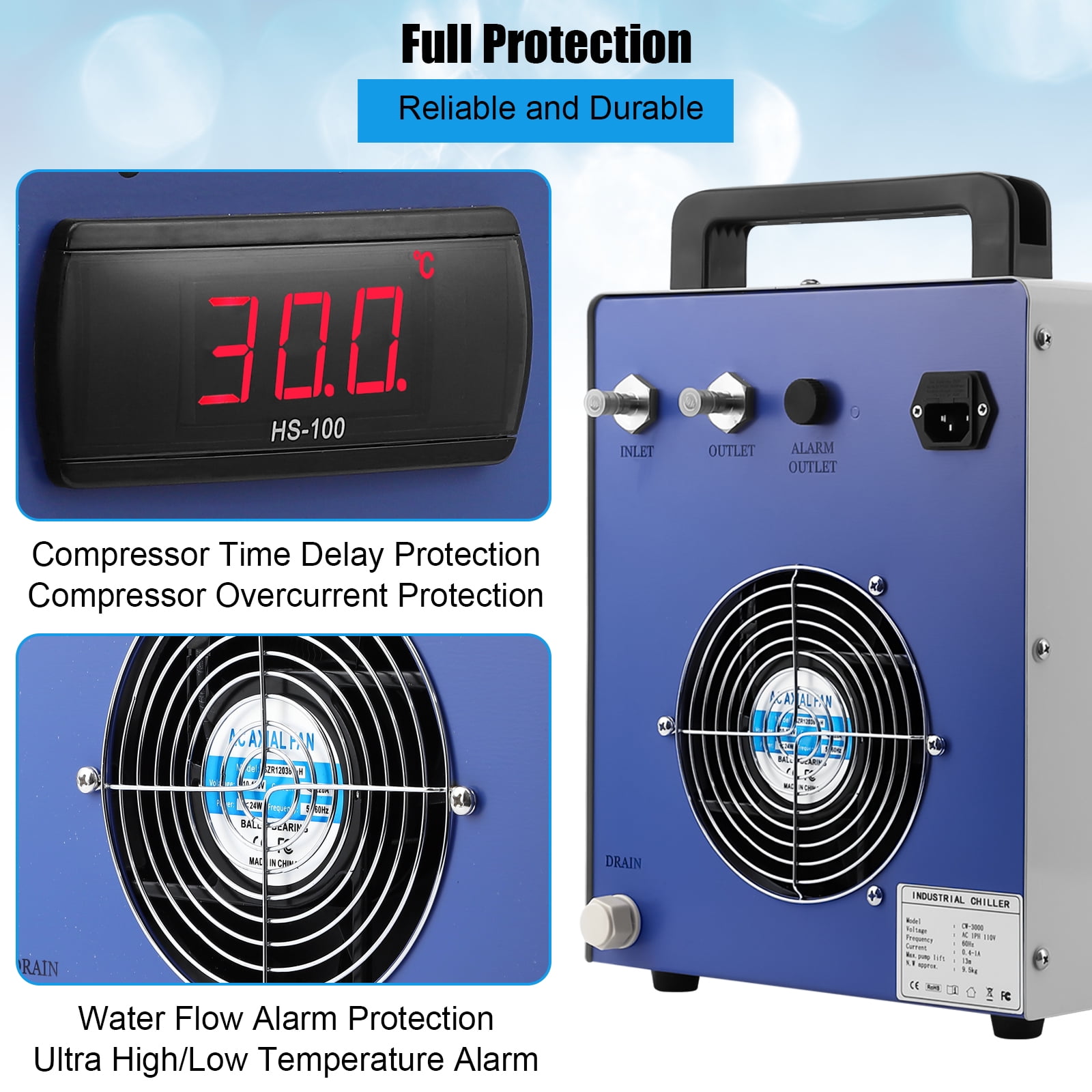 Industrial Water Chiller, 110V 9L Industrial Water Cooling Chiller, 2.6GPM FlowRate Water Cooling System, CW-3000 Thermolysis Water Chiller, Water Cooler for 40-80W CO2 Laser Engraving&Cutting Machine
