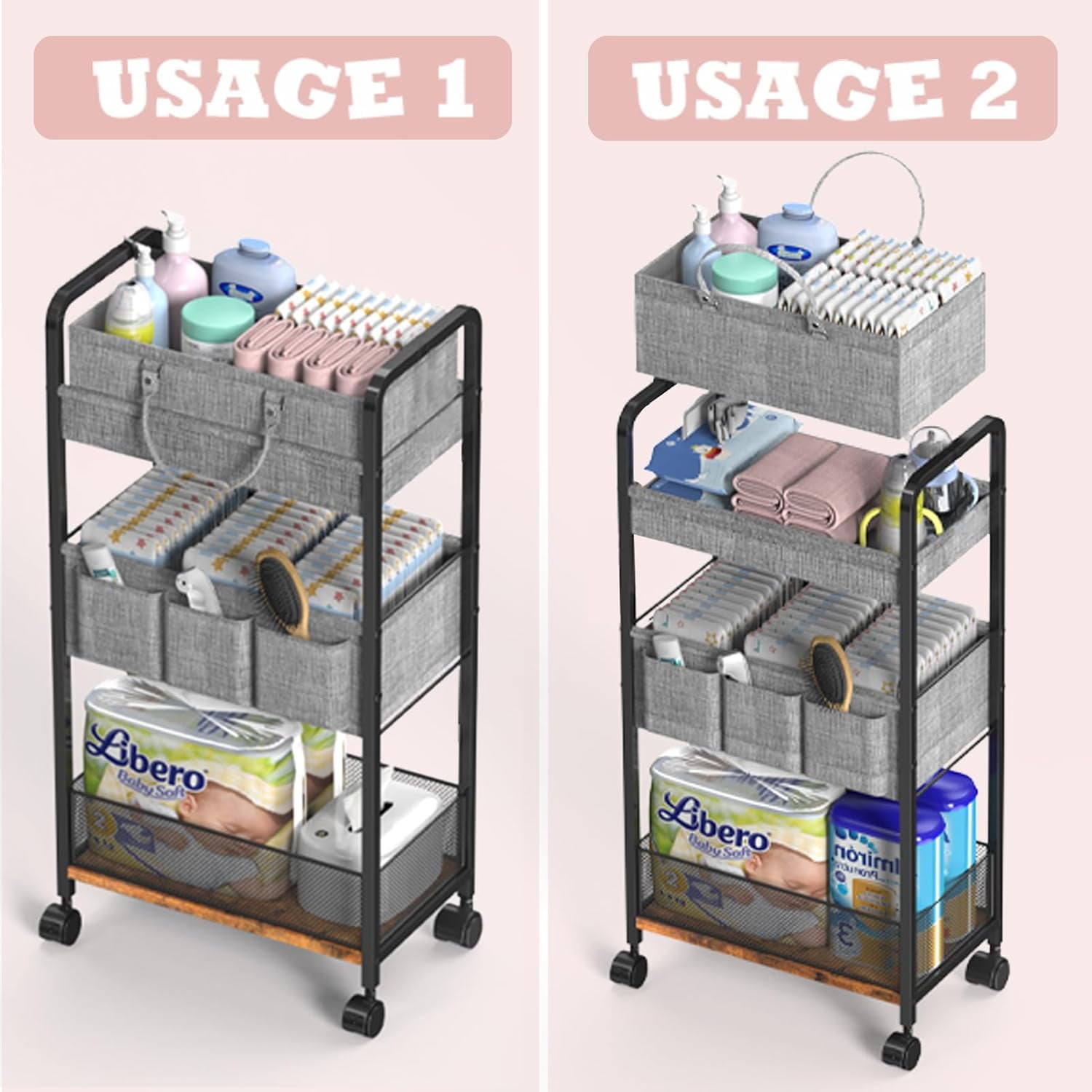 2In1  Diaper Caddy & 3-Tier Rolling Cart with Dividers, Mobile Metal Utility Organizer for Nursery Essentials
