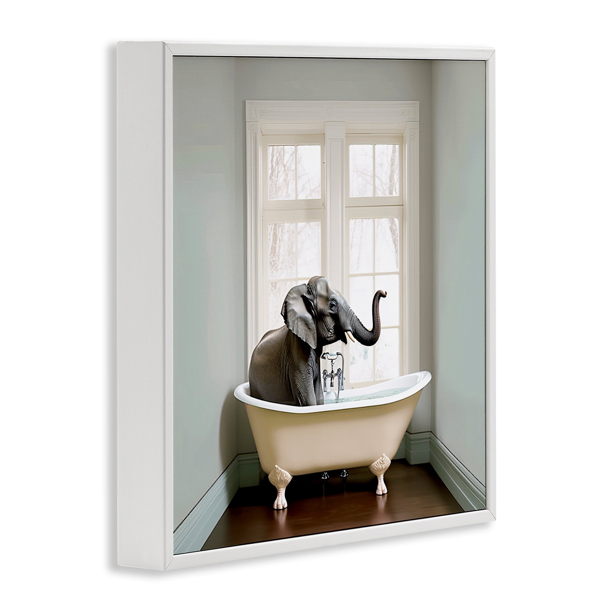 Minimal Elephant Bathtime White Framed Giclee Art, design by Sasha
