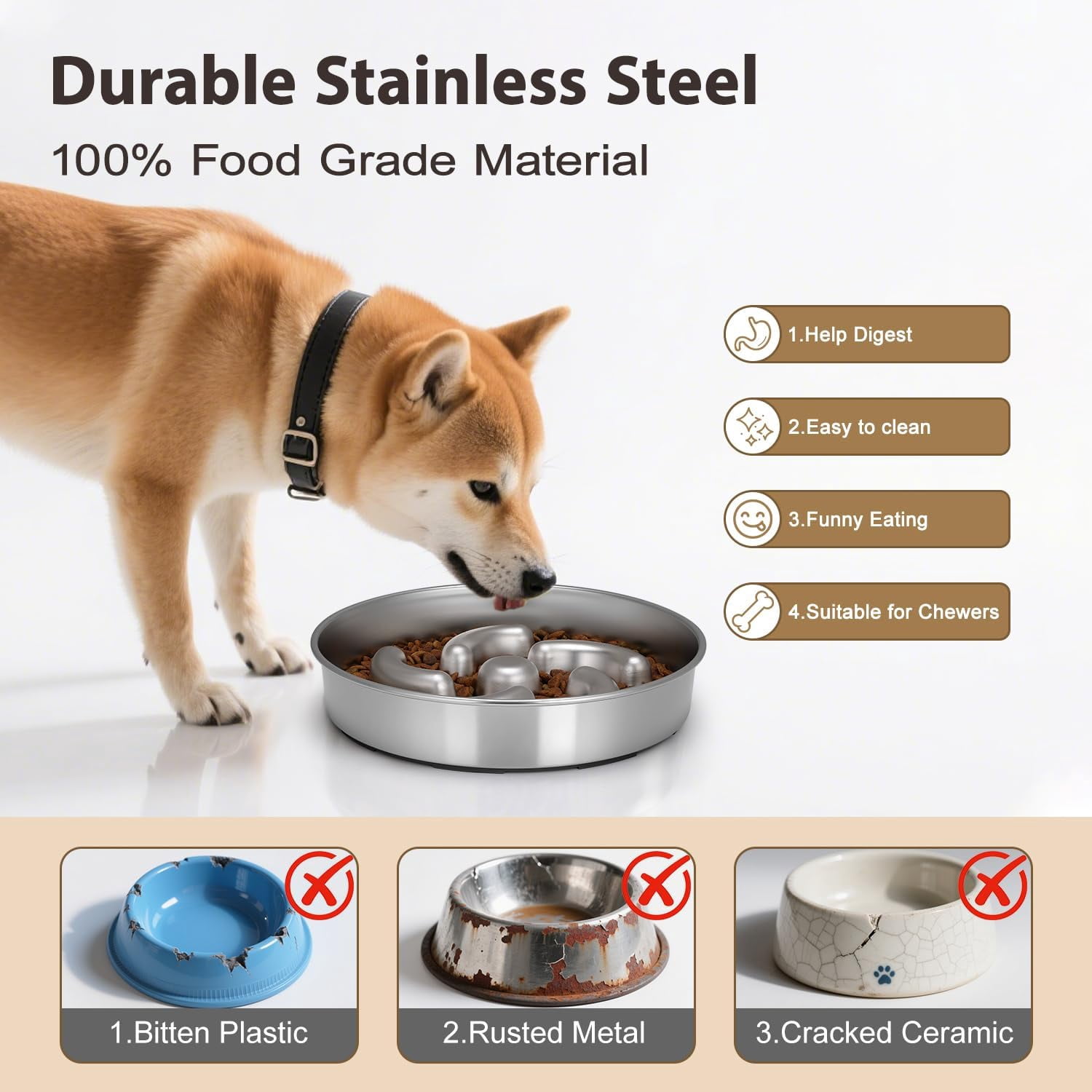 Slow Feeder Dog Bowl, 2 Cups Stainless Steel Heavy Duty with Non-Slip Base 8.7 inch Puzzle Maze Dog Food Bowls for Medium, Large Breed Size Dogs to Slow Down Eating