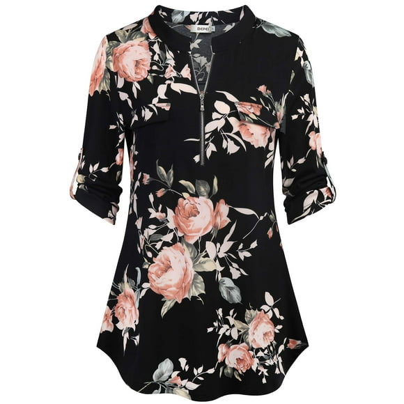 BEPEI Floral Blouses for Women,Juniors Quarter Length Sleeve Long Shirts Wear with Leggings Vintage Patchwork Tunic Dress New Years Eve Tops for Wedding,Red L