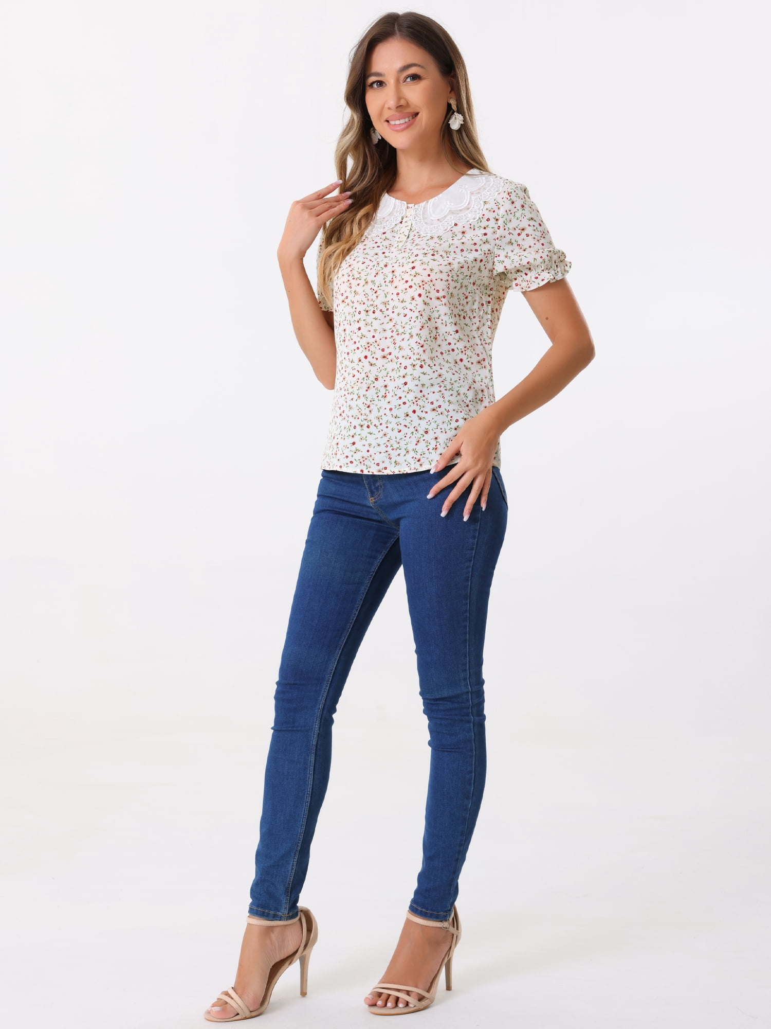 DARING DIVA Women's Ruffled Bubble Short Sleeve Floral Blouse L White