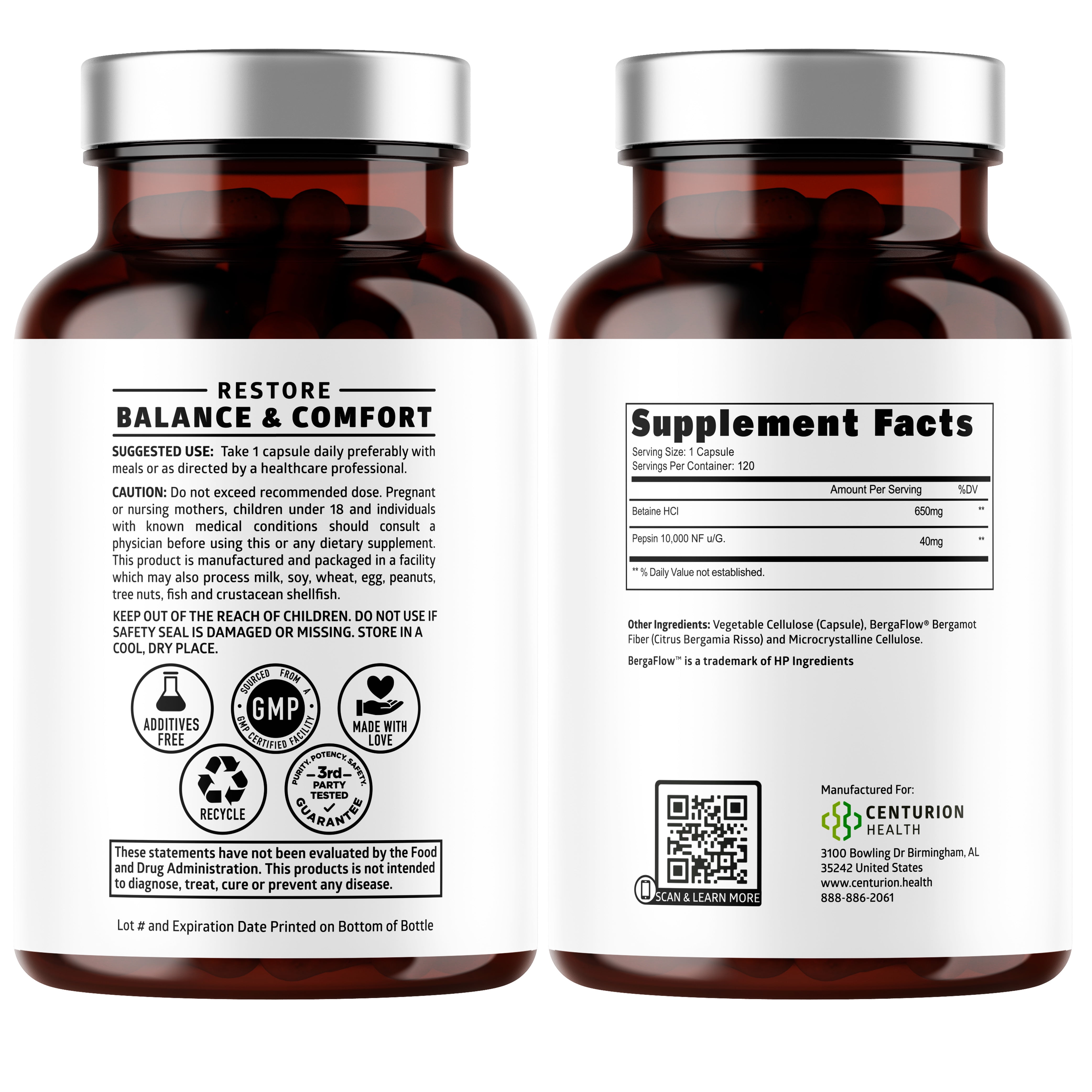Betaine Hydrochloride Enzymes Supplement with Pepsin, Helps Support Protein Breakdown and Nutrient Absorption, 120 Caps