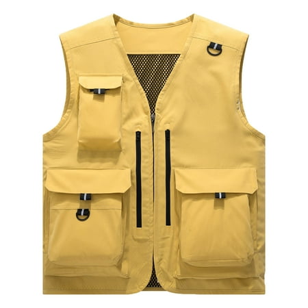 YLSDY Men s Multi-Pocket Quick Dry Breathable Vest Lightweight Outdoor Sports Fishing Hiking Travel Waistcoat Plus Size Yellow XL