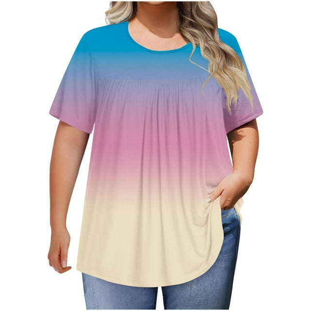 Plebaso Hauts Grande Taille pour Femmes 2025 Col Rond T-Shirts Habillés Manches Courtes Blouses Amples Dégradé de Couleur