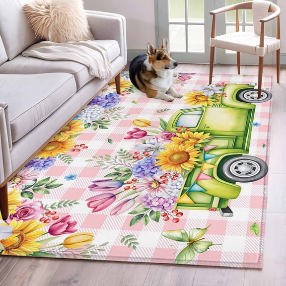 Rectangle Area Rugs 4 x 6 Ft, Watercolor Floral Truck Non-Slip Residential Carpet, Spring Garden Butterflies Pink Plaid Indoor Crawling Mats Runner Rugs for Living Room/Dining Room/Bedroom